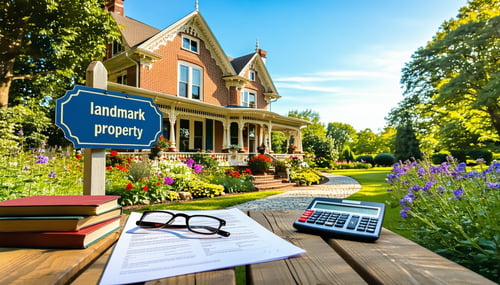 The image depicts a quaint historic home showcasing its charming architectural details including ornate trim and vintage shutters A prominent sign reading Landmark Property hangs near the entrance emphasizing its historical significance Surrounding t-1