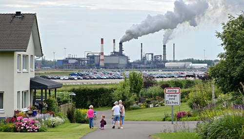 The image depicts a residential neighborhood with a stark contrast between the peaceful homes and a looming industrial facility in the background In the foreground wellmaintained houses with manicured lawns and flower gardens exude a sense of tranqui-1