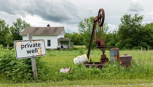 The image depicts a rural property with a modest house surrounded by a sprawling green yard yet the scene is marred by signs of water issues In the foreground a faded Private Well sign leans to one side partially obscured by tall grass A nearby well