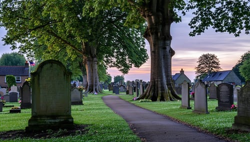 The image depicts a serene cemetery landscape at dusk with soft muted colors painting the sky Tall ancient trees line the perimeter their leaves gently rustling in the evening breeze The gravestones are elegantly arranged some adorned with fresh flow-1