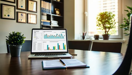 The image depicts a serene office setting where a professional tax consultant sits at a sleek wooden desk intently reviewing property tax documents A laptop displays graphs and charts related to property assessments The walls are adorned with framed-1