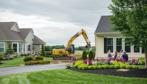 The image depicts a serene suburban neighborhood contrasting sharply with the chaos of excessive noise In the foreground a wellkept garden is visible with vibrant flowers and neatly trimmed hedges hinting at a peaceful home life However in the backgr
