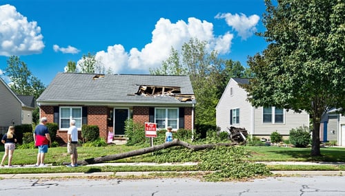 The image depicts a serene suburban neighborhood in Clayton County Georgia under a bright blue sky dotted with fluffy white clouds In the foreground a modest singlefamily home shows signs of recent damage its roof has patches of missing shingles and-1