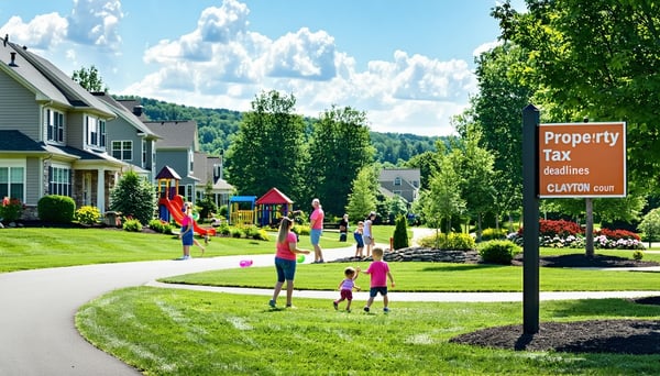 The image depicts a serene suburban neighborhood in Clayton County showcasing a variety of wellmaintained homes with manicured lawns and vibrant gardens In the foreground a family is seen enjoying a sunny day in their yard with children playing and a-1