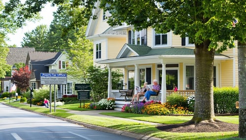 The image depicts a serene suburban neighborhood in Georgia showcasing a variety of singlefamily homes adorned with wellmaintained lawns and colorful flower beds In the foreground a charming twostory house with a welcoming porch is highlighted its ex