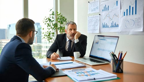 The image depicts a sleek modern office setting with a large wooden desk at the center cluttered with documents and a laptop displaying property tax data A professionallooking consultant dressed in a tailored suit is engaged in a discussion with a co-1