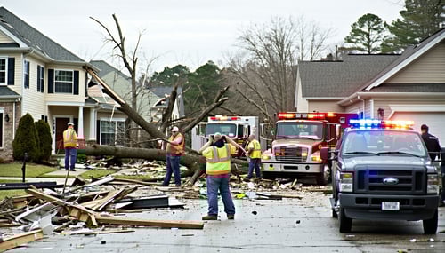 The image depicts a somber scene of a suburban neighborhood in Fulton County after a natural disaster Several homes are visibly damaged with broken windows rippedoff roofs and debris scattered across yards A few homeowners wearing protective gear are-1