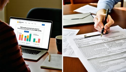 The image depicts a splitscreen comparison of two methods for appealing property taxes in Cobb County On the left side a person is seated at a desk using a laptop illuminated by soft warm light The screen displays the Cobb County Assessors website sh-1