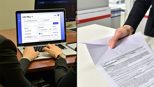 The image depicts a splitscreen comparison of two methods for filing property tax appeals in Fulton County On the left side a person is seen sitting comfortably at a desk using a laptop to access the Fulton County Board of Assessors online portal The