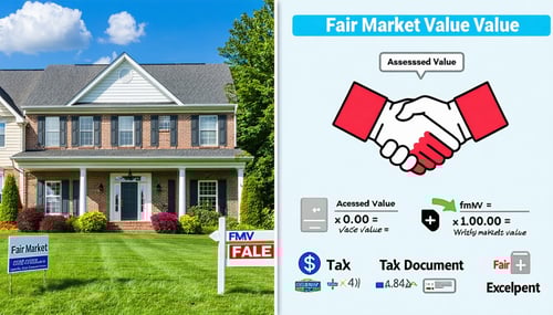 The image depicts a splitscreen graphic illustrating the concepts of Fair Market Value FMV and Assessed Value in Cobb County On the left side the FMV section features a house with a price tag reading Fair Market Value alongside a graphic of a buyer a