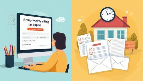 The image depicts a splitscreen graphic illustrating two methods of filing a property tax appeal in Clayton County Georgia On the left side a modern userfriendly computer interface displays an online filing portal with a clear form and a prominent Su