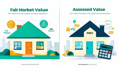 The image depicts a splitscreen infographic illustrating the concepts of Fair Market Value FMV and Assessed Value in Gwinnett County On the left side a vibrant graphic shows a house with a price tag reading Fair Market Value accompanied by icons repr