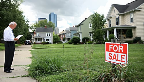 The image depicts a suburban neighborhood in DeKalb County showcasing a mix of singlefamily homes with varying architectural styles Some houses feature wellmanicured lawns while others show signs of neglect with overgrown grass and peeling paint In t-1