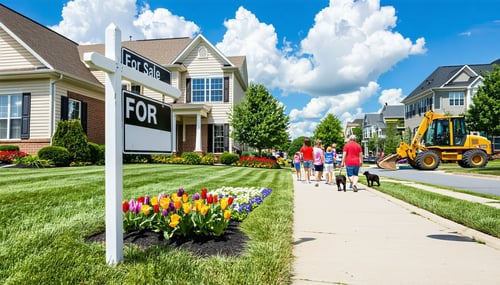 The image depicts a suburban neighborhood in DeKalb County showcasing a row of charming homes with wellmaintained lawns and colorful flower beds In the foreground a For Sale sign stands in front of a recently sold house indicating a thriving real est