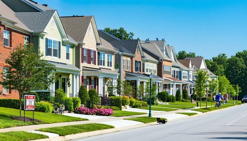 The image depicts a suburban neighborhood in Fulton County Georgia featuring a row of diverse homes with varying architectural styles Each house is surrounded by wellmaintained lawns adorned with flowering bushes and trees that provide shade A clear-1