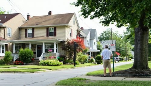 The image depicts a suburban neighborhood in Fulton County showcasing a row of varied houses Each home displays distinct characteristics some are wellmaintained with manicured lawns and vibrant flowers while others show signs of wear such as peeling-1
