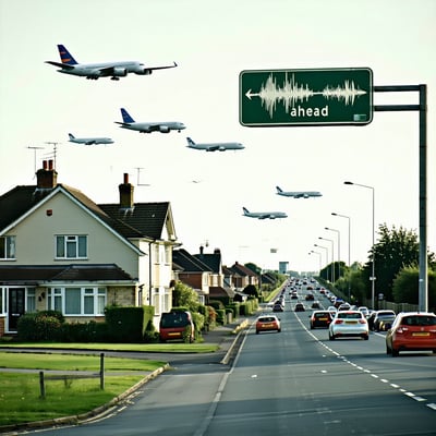 The image depicts a suburban neighborhood situated near a bustling transportation hub such as an airport or a major highway In the foreground a modest home is shown with a wellmaintained lawn but the sound of distant planes taking off and landing is-1