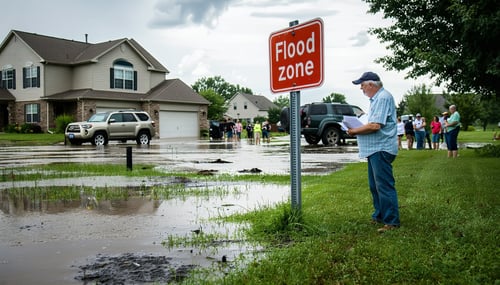 The image depicts a suburban neighborhood under a cloudy sky with water pooling on the streets and near the houses highlighting the threat of flooding A Flood Zone sign is prominently placed at the entrance of the community partially obscured by over