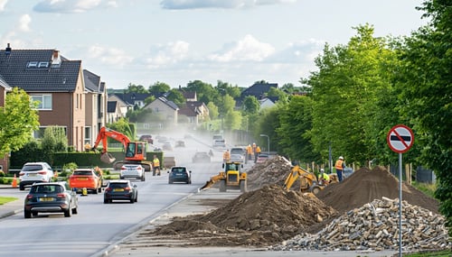 The image depicts a suburban neighborhood undergoing significant changes due to nearby construction In the foreground a once peaceful residential street is now bustling with heavy traffic evidenced by numerous cars and construction vehicles navigatin-1