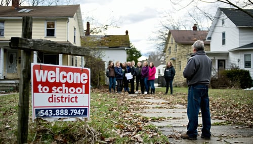 The image depicts a suburban neighborhood with a mix of singlefamily homes some with For Sale signs prominently displayed in front yards In the foreground a distressed homeowner stands with crossed arms looking at a nearby school building that appear-3