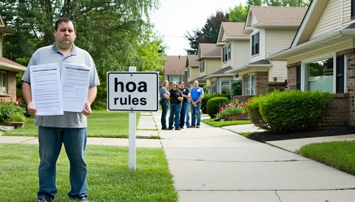 The image depicts a suburban neighborhood with a row of identical houses each adorned with neatly trimmed lawns and uniform fences In the foreground a distressed homeowner stands at the edge of their property holding a stack of documents titled HOA R-3