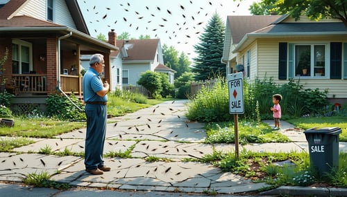 The image depicts a suburban neighborhood with several houses showing signs of pest infestations In the foreground a distressed homeowner stands on their porch looking at a swarm of mosquitoes hovering around a neglected garden filled with overgrown-3