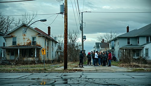 The image depicts a suburban neighborhood with visible signs of outdated infrastructure Power lines sag with age and a few houses show weathered exteriors some with peeling paint A utility pole stands in the foreground adorned with rust and overgrown-1