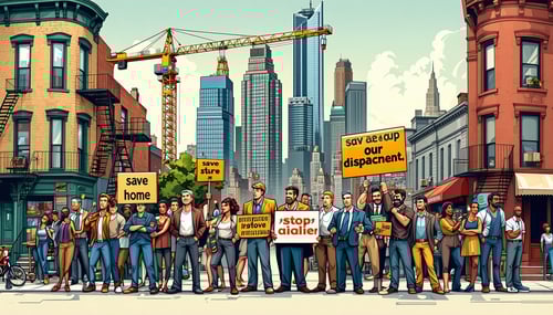 The image depicts a vibrant urban neighborhood undergoing gentrification characterized by a mix of old and new architecture On one side charming weathered brownstones and small familyowned shops reflect the longstanding community while on the other s-1