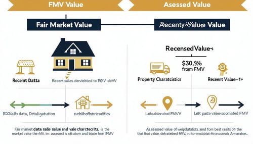 The image depicts a visually engaging infographic comparing Fair Market Value FMV and Assessed Value in DeKalb County At the top bold headings label each section with contrasting colors to distinguish FMV from Assessed Value The left side features a-1