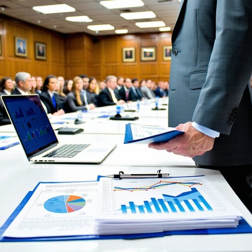 The image depicts a wellorganized and professional setting for a Fulton County Board of Equalization hearing A neatly arranged table is filled with stacks of documents charts and a laptop displaying graphs related to property assessments In the foreg-1