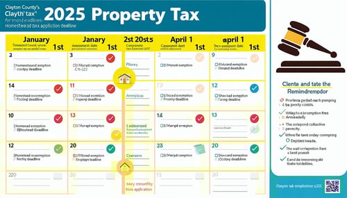 The image depicts a wellorganized calendar for Clayton Countys 2025 property tax deadlines Each month is clearly labeled with bold headings and key dates are highlighted in vibrant colors Important dates such as January 1st for the assessment date an