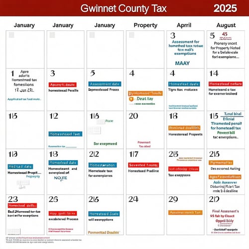 The image depicts a wellorganized calendar page for the year 2025 prominently featuring key dates related to Gwinnett Countys property tax process Each month is clearly labeled with critical deadlines highlighted in bold colorful boxes January showca