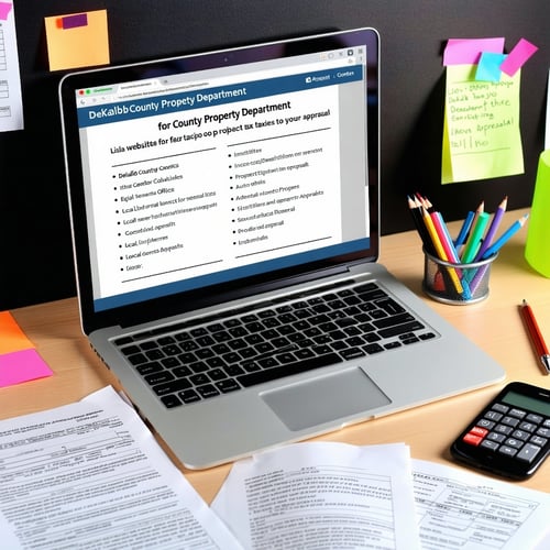 The image depicts a wellorganized desk filled with various resources for property owners in DeKalb County Georgia who are preparing to appeal their property taxes There are open documents featuring lists of key websites contact information for local