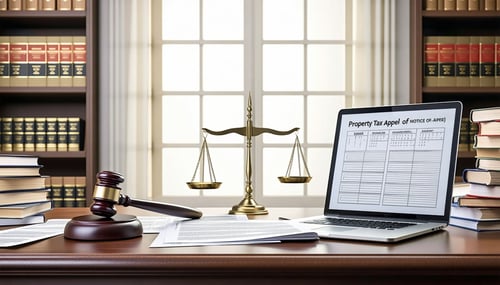 The image depicts a wellorganized legal office setting with a wooden desk at the center covered in legal documents and a laptop On one side of the desk a gavel rests atop a stack of papers while a legal scale balances on the other side symbolizing ju