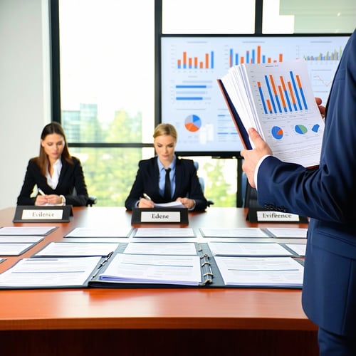 The image depicts a wellorganized table set up for a formal hearing with a panel of three individuals seated behind a wooden desk Each panel member has a nameplate in front of them and they are attentively reviewing documents The room is brightly lit-1