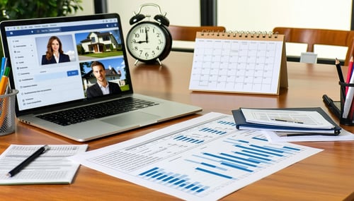 The image depicts a wellorganized workspace set up for a property tax appeal hearing A sleek wooden table is adorned with neatly arranged documents including charts and spreadsheets comparing property values A laptop sits open displaying a video call-1