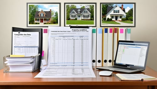 The image depicts a wellorganized workspace set up for a property tax appeal presentation In the foreground a large wooden desk is cluttered with neatly arranged folders and binders labeled with various categories of evidence Comparable Sales Data Pr-1