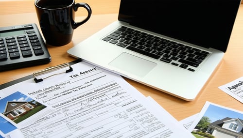 The image depicts a wellorganized workspace set up for filing a property tax appeal A wooden desk is neatly arranged with a laptop open to the DeKalb County Tax Assessors website Beside the laptop lies a printed Annual Notice of Assessment with highl