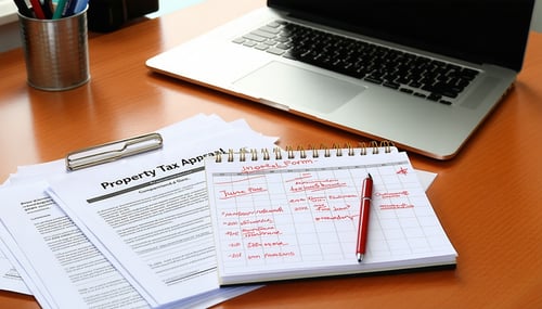 The image depicts a wellorganized workspace that conveys a sense of preparation and diligence On a polished wooden desk there are several neatly stacked documents including a property tax appeal form prominently displayed at the top Beside it a calen-1