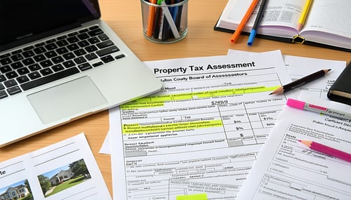 The image depicts an organized workspace featuring a wooden desk cluttered with various documents and stationery On one side of the desk a Property Tax Assessment Notice is prominently displayed with highlighted sections showing Fair Market Value Ass