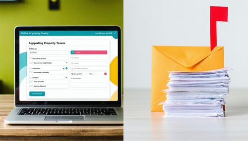 The image displays a splitscreen comparison of two methods for appealing property taxes in DeKalb County online filing and mail On the left side a modern laptop shows a userfriendly online portal with vibrant graphics and a visible progress bar indic-1