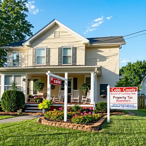 The image features a closeup of a residential property in Cobb County Georgia showcasing a wellmaintained home with a manicured lawn and vibrant flower beds The house painted in soft hues of beige and white has a welcoming front porch adorned with ro-1