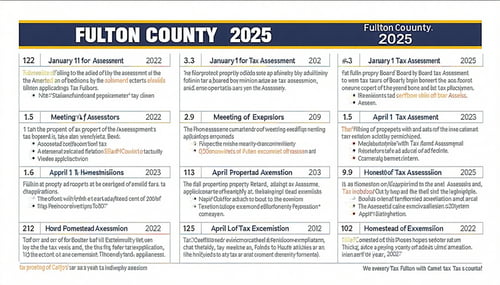 The image features a detailed calendar page for the year 2025 prominently displaying various key dates and deadlines related to Fulton Countys property tax system The calendar is filled with text in clear bold fonts outlining significant dates like J-1