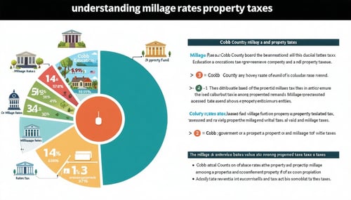 The image features a detailed infographic illustrating the concept of millage rates in Cobb County Georgia related to property taxes At the top a bold title reads Understanding Millage Rates and Property Taxes Below this a visual representation divid-1
