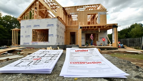 The image features a distressed homeowner standing in front of a partially renovated home The exterior shows exposed wooden beams and unfinished walls symbolizing halted progress In the foreground there are two contrasting documents one is a colorful