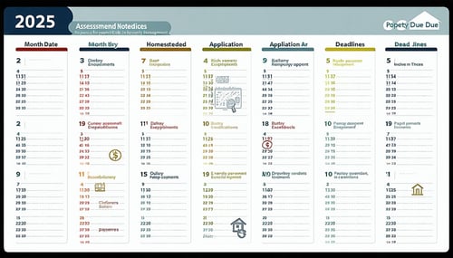 The image features a neatly organized calendar page displaying the year 2025 prominently highlighting key dates and deadlines for property tax management in Cobb County The calendar is laid out in a grid format with each month clearly labeled Importa-1