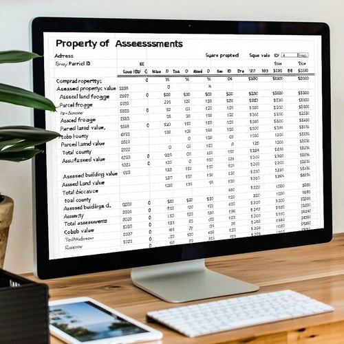 The image features a neatly organized spreadsheet displayed on a computer screen showcasing a comparison of property assessments The spreadsheet is divided into columns labeled with headings such as Address Parcel ID Square Footage Assessed Land Valu-1