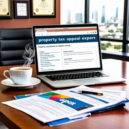 The image features a professional office setting with a sleek wooden desk positioned in the center On the desk there are several documents spread out including a colorful brochure titled Property Tax Appeal Expert prominently displayed A laptop is op-1