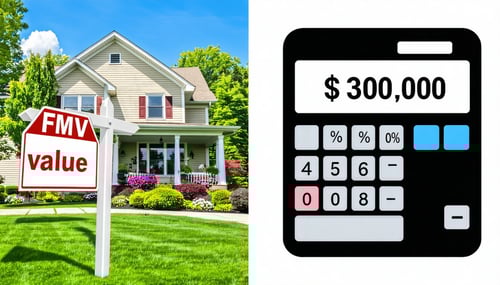 The image features a splitscreen graphic illustrating the concepts of Fair Market Value FMV and Assessed Value On the left a house is depicted with a price tag reading Fair Market Value 300000 alongside a graphic of a market scene with buyers and sel