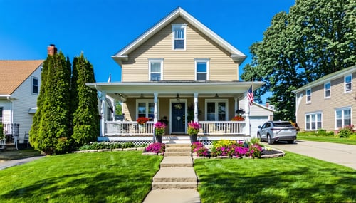 The image features a wellmaintained suburban home in Clayton County showcasing a charming twostory structure with a neatly landscaped front yard Lush green grass surrounds the property dotted with colorful flowers and a small decorative pathway leadi